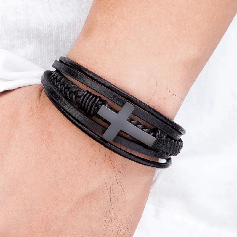 Pulseira de couro masculina de cruz